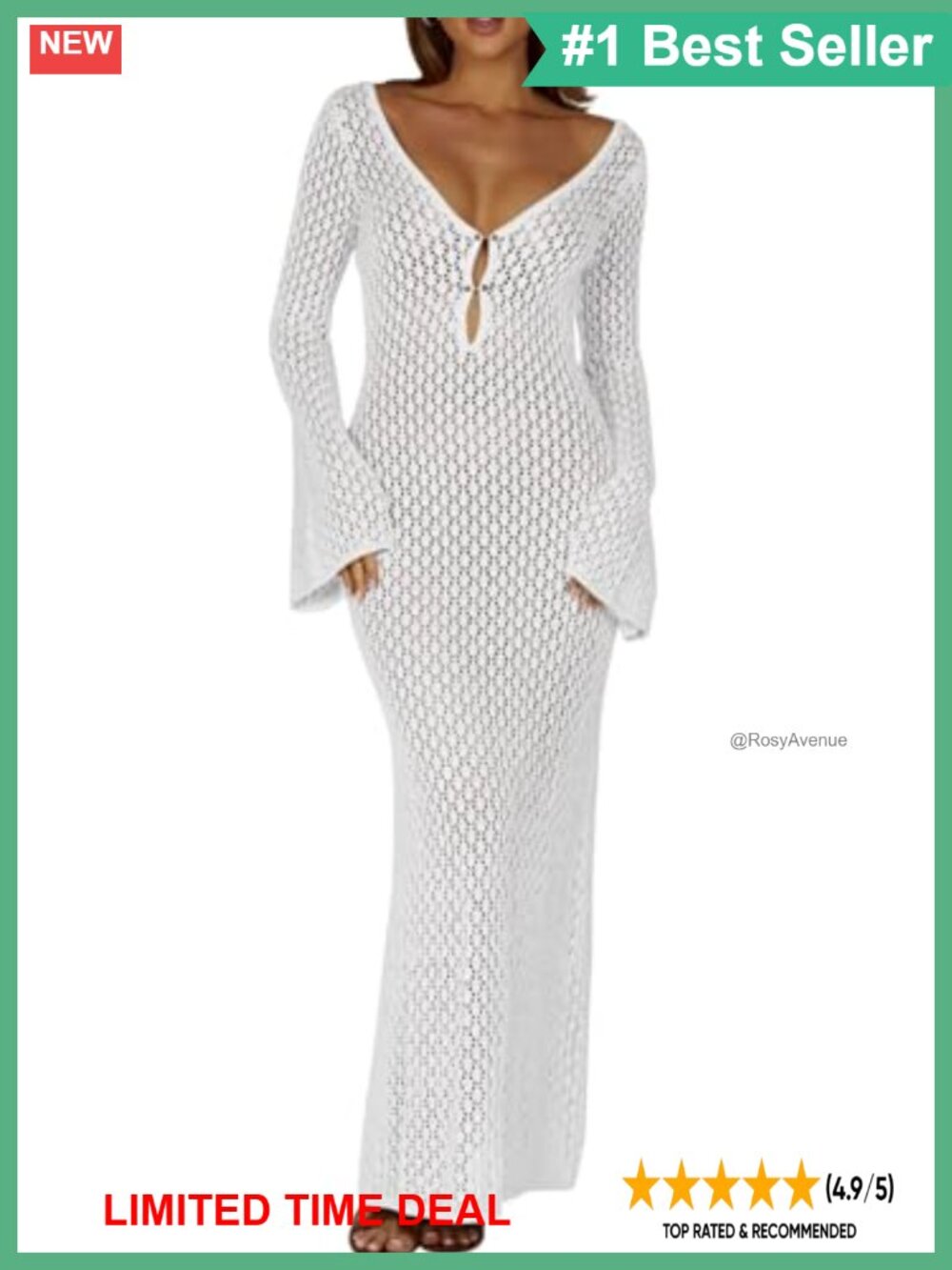 Crochet Maxi Cover Up Dress Beach Vacation Long Sleeve Bodycon Summer Knit